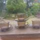 4 smoked glass cups and saucers from Arcoroc 1970
