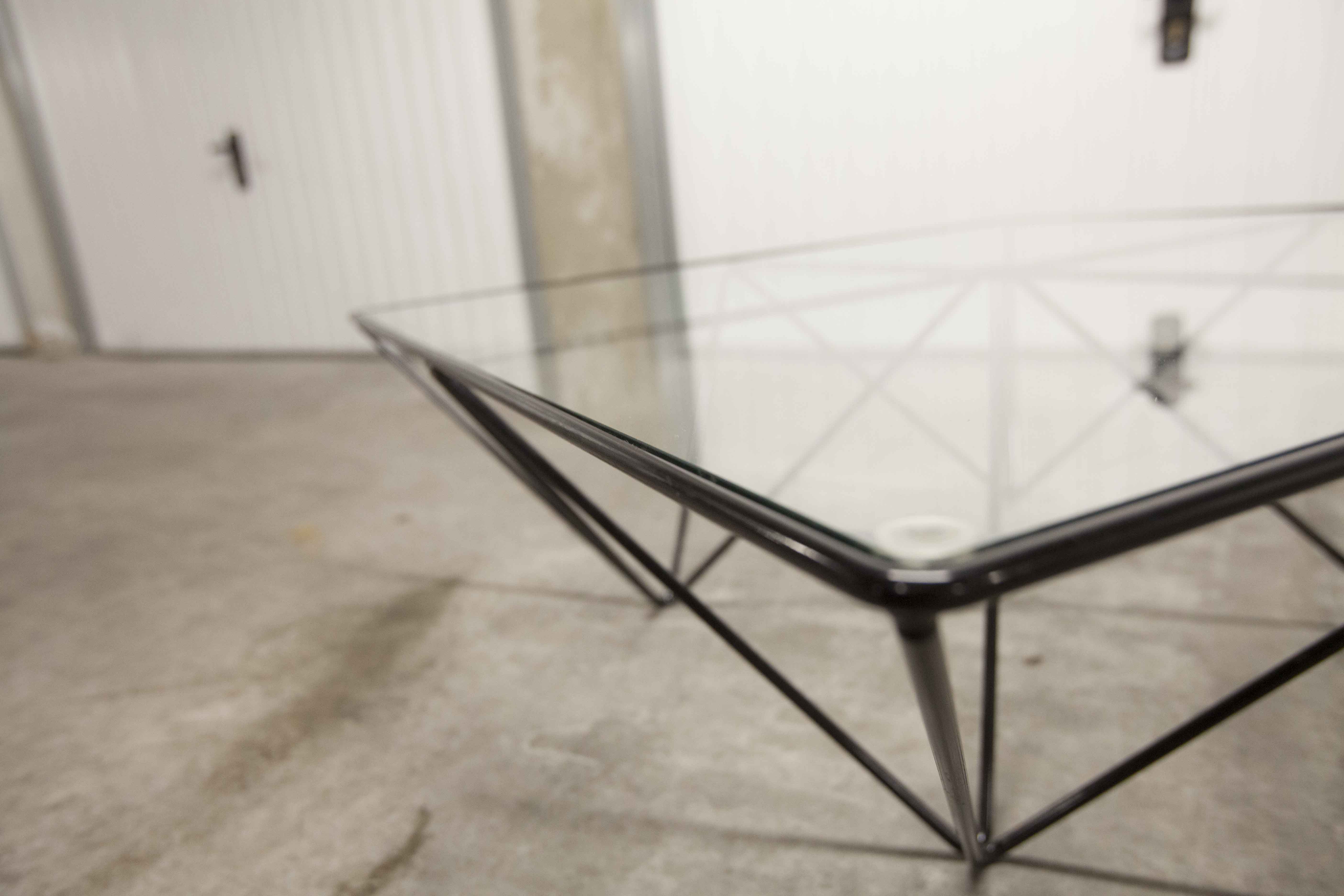 Square coffee table in glass and black satin metal 1980