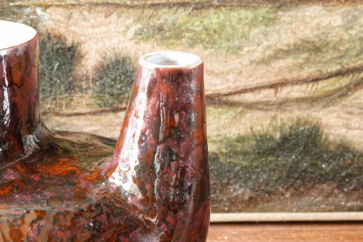 Raw double-neck vase, flame-formed ceramic, monogram JA, 1950s-60s.