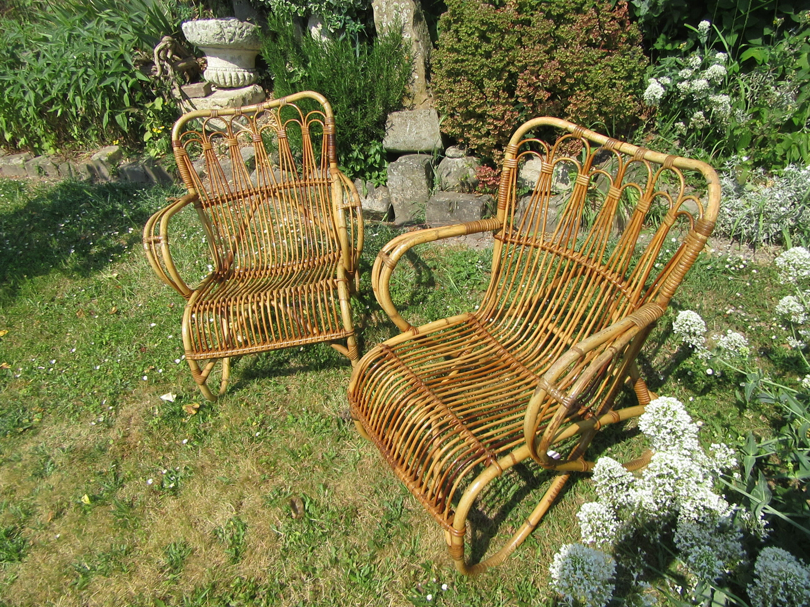 Pair vintage rattan armchairs