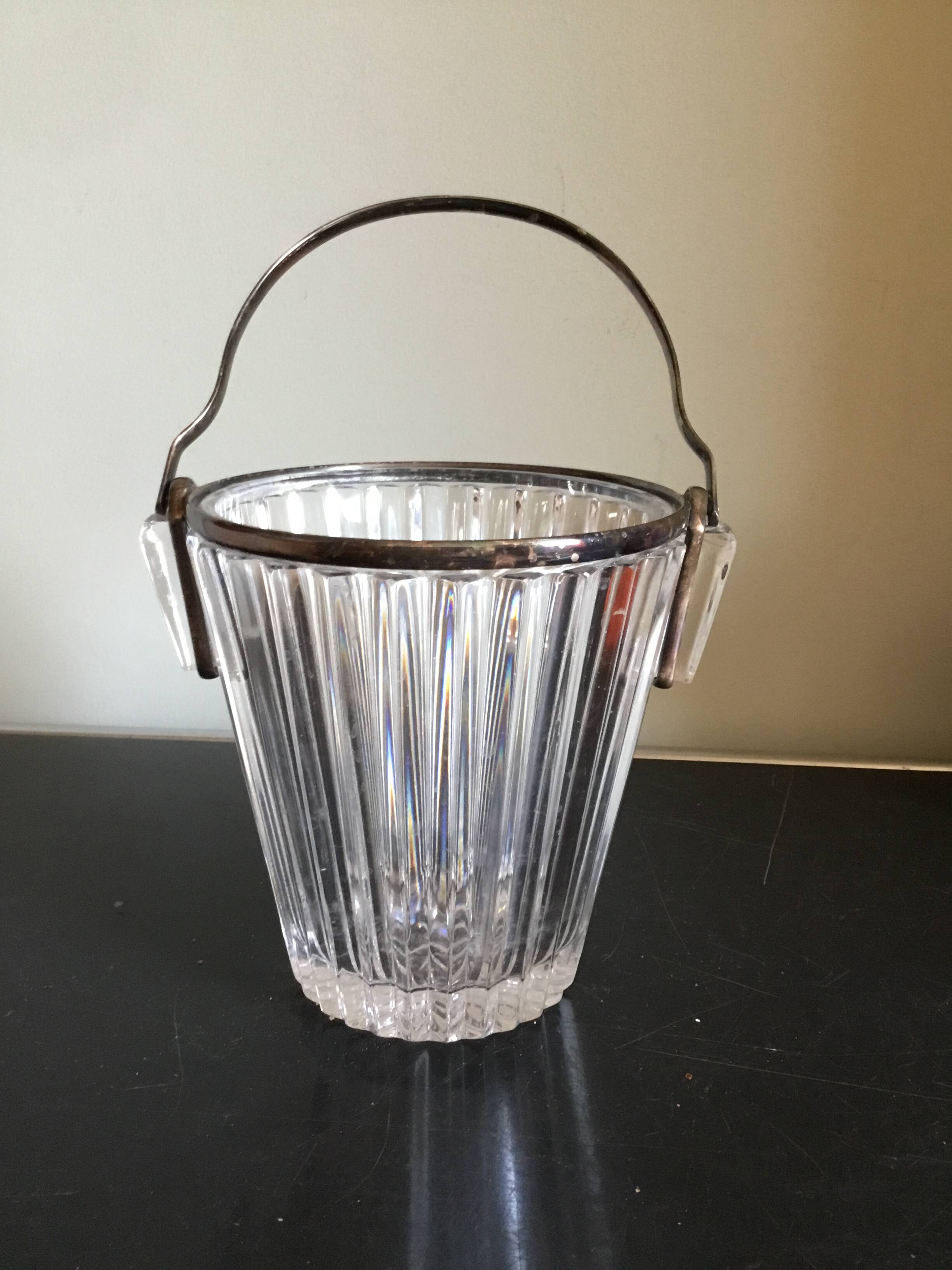 Crystal ice bucket with silver-plated handle
