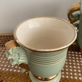 Two green and gold vases with handles