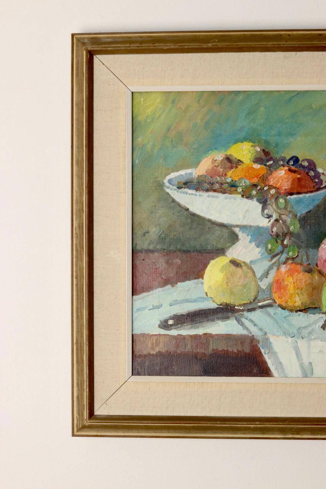 Original Swedish oil painting on canvas from the mid-century "Still Life with Bowl of Fruit" by Eric Lundgren -