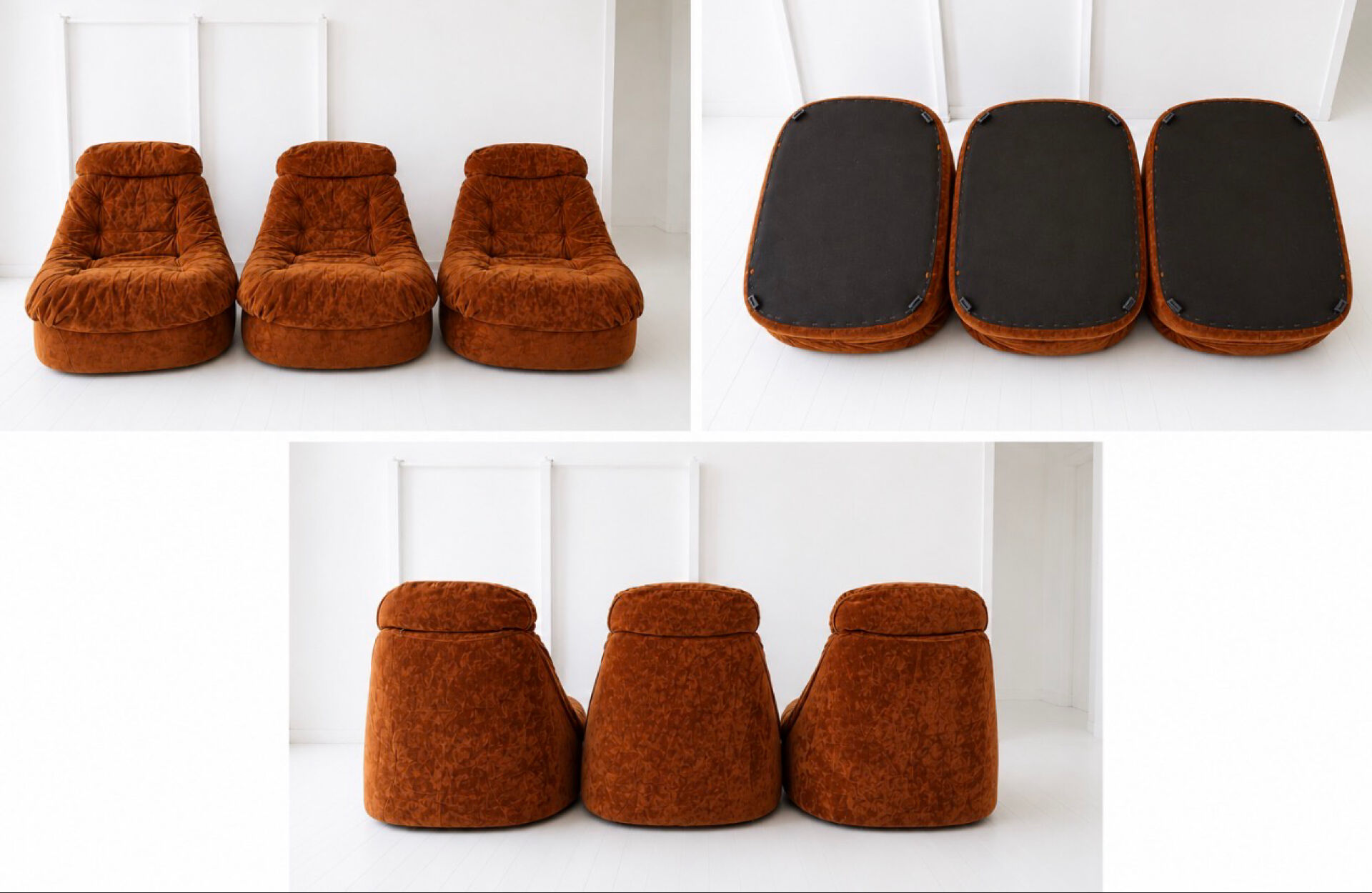 Vintage modular lounge chair trio in cognac velvet - Years