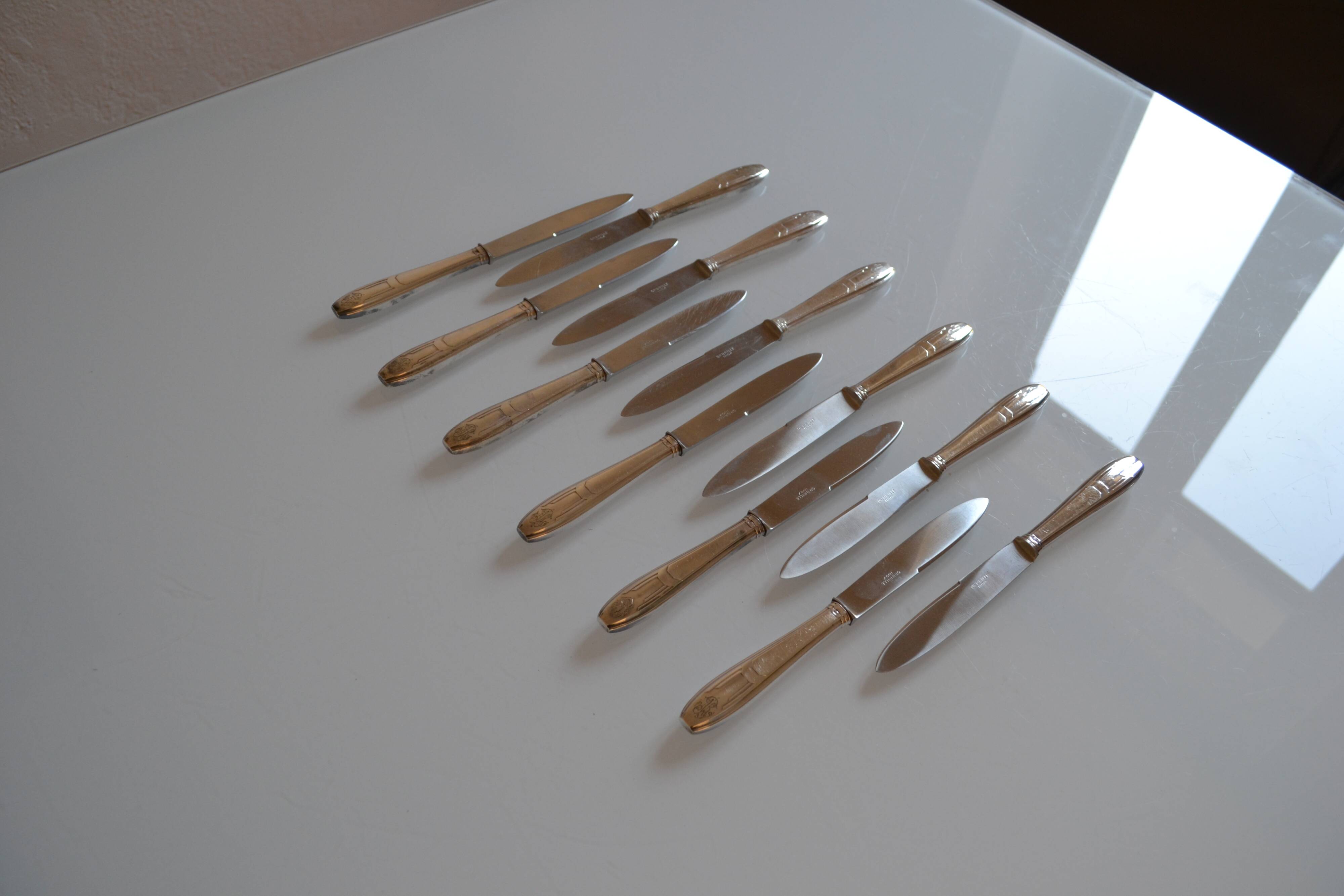 12 art deco silver metal dessert or cheese knives 20.5 cm AR monogram