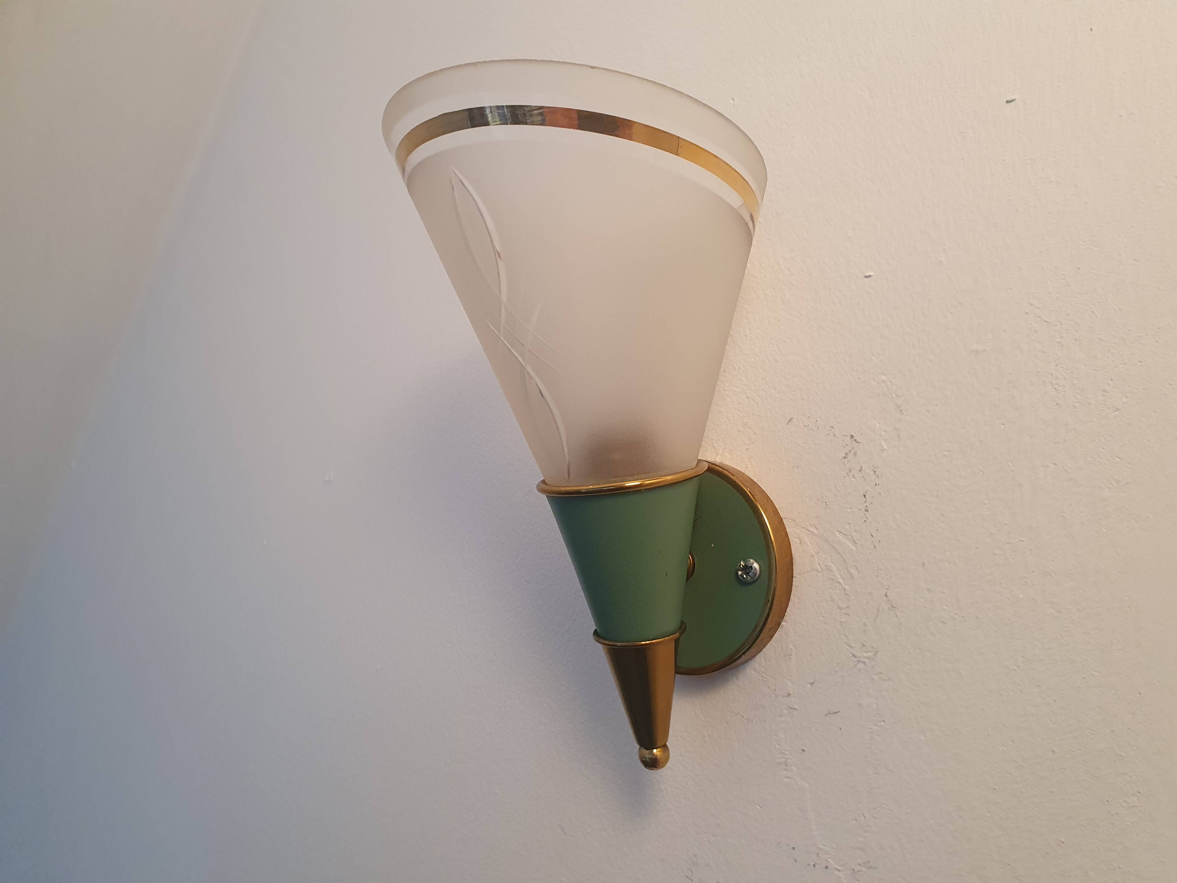 Green and gold conical wall lamp with opaline globe Art Deco