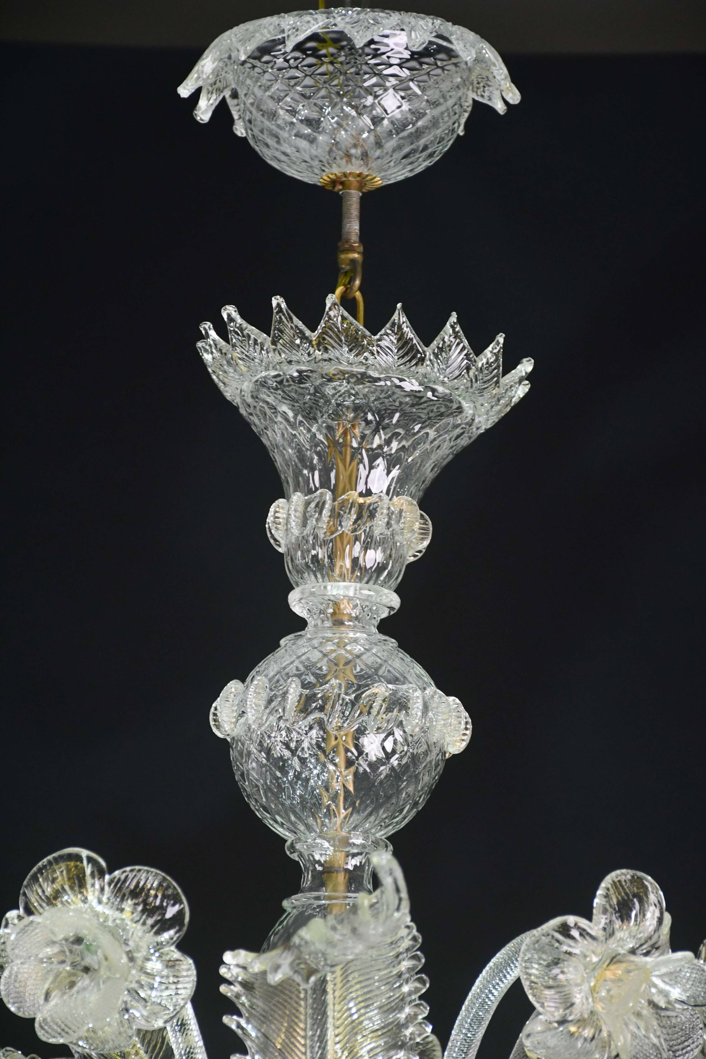 Wonderful large size Venetian chandelier, transparent and gold Murano glass