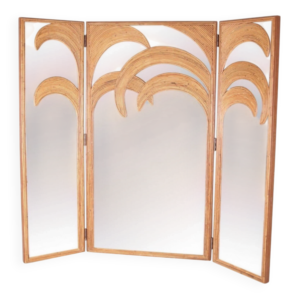 Paravent «&nbsp;palmes&nbsp;» en rotin et miroirs