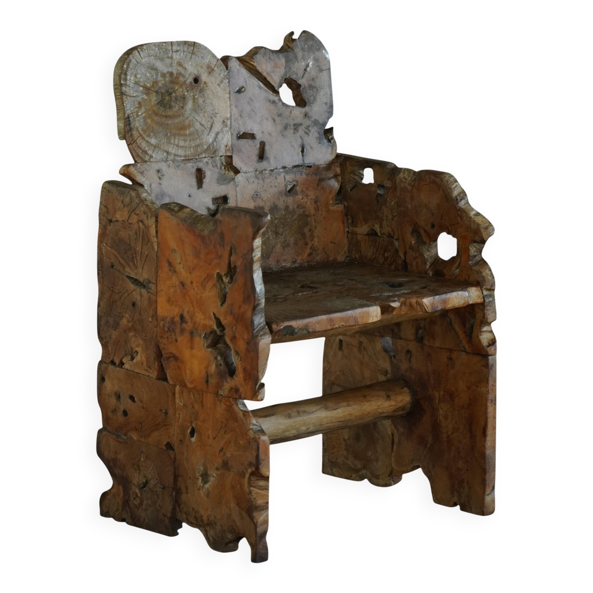 Unique wooden armchair in primitive Scandinavian "wabi-sabi" style, 20th century, 1950s.