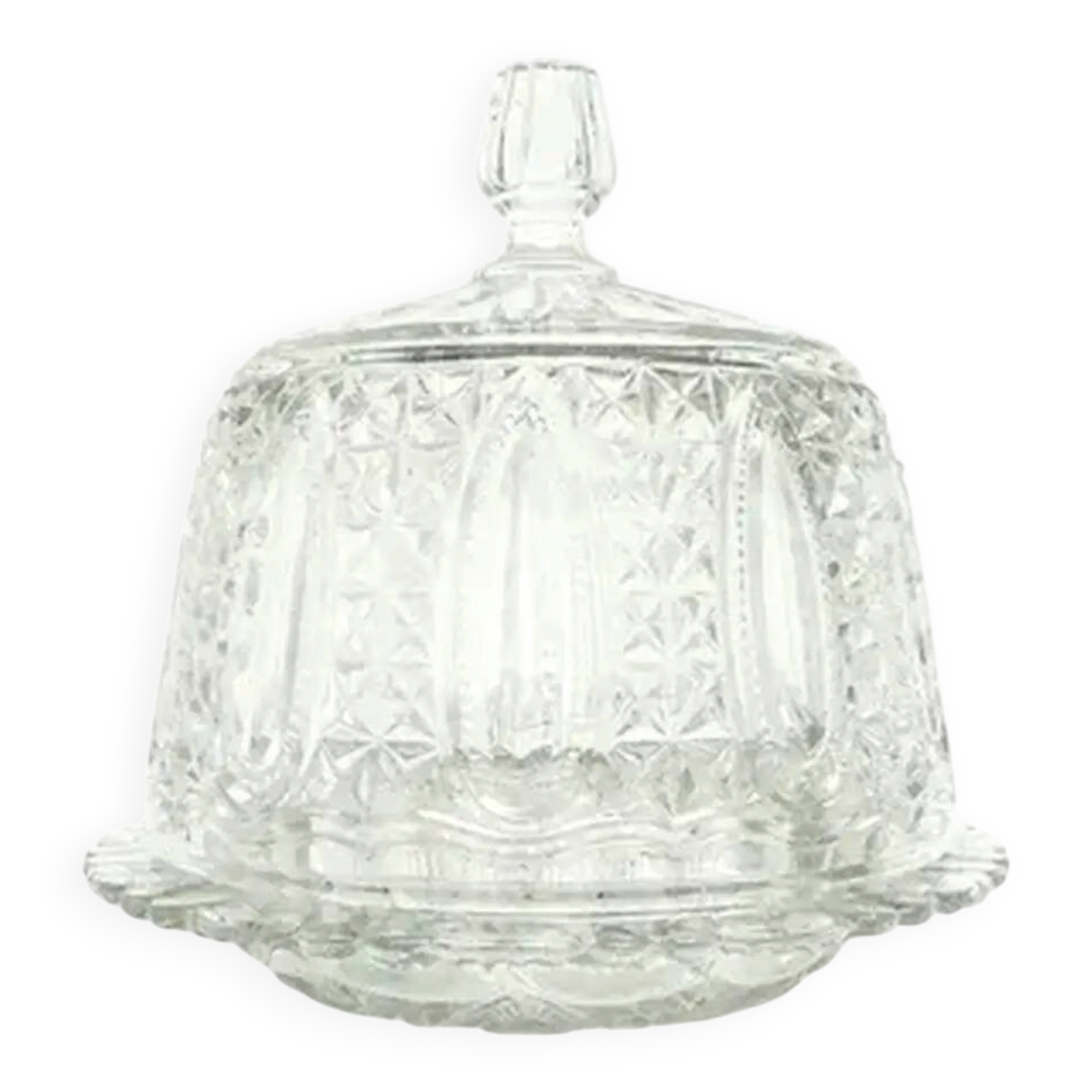 Plat à gâteau avec dôme, Art Déco, verre pressé, Val Saint Lambert, Belgique, années 1950.