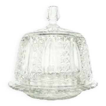 Plat à gâteau avec dôme, Art Déco, verre pressé, Val Saint Lambert, Belgique, années 1950.