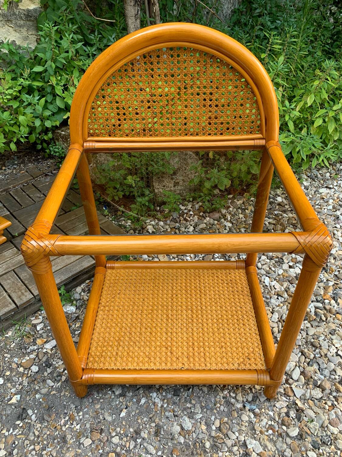 Chest of drawers and bedside table in rattan cane and oak, vintage 1970s