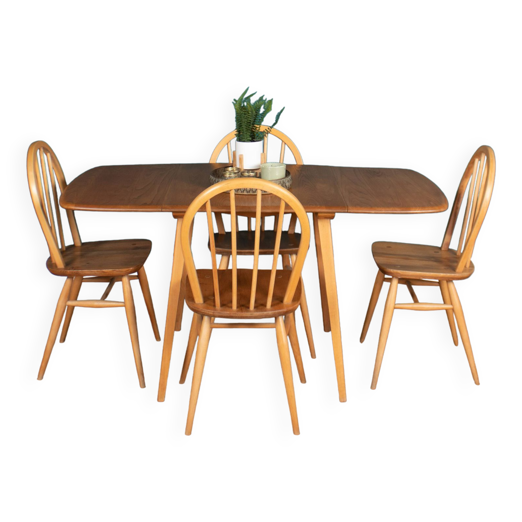 Retro Blonde Ercol Model 383 Dining Table & Four Model 370 Windsor Kitchen Dining Chairs