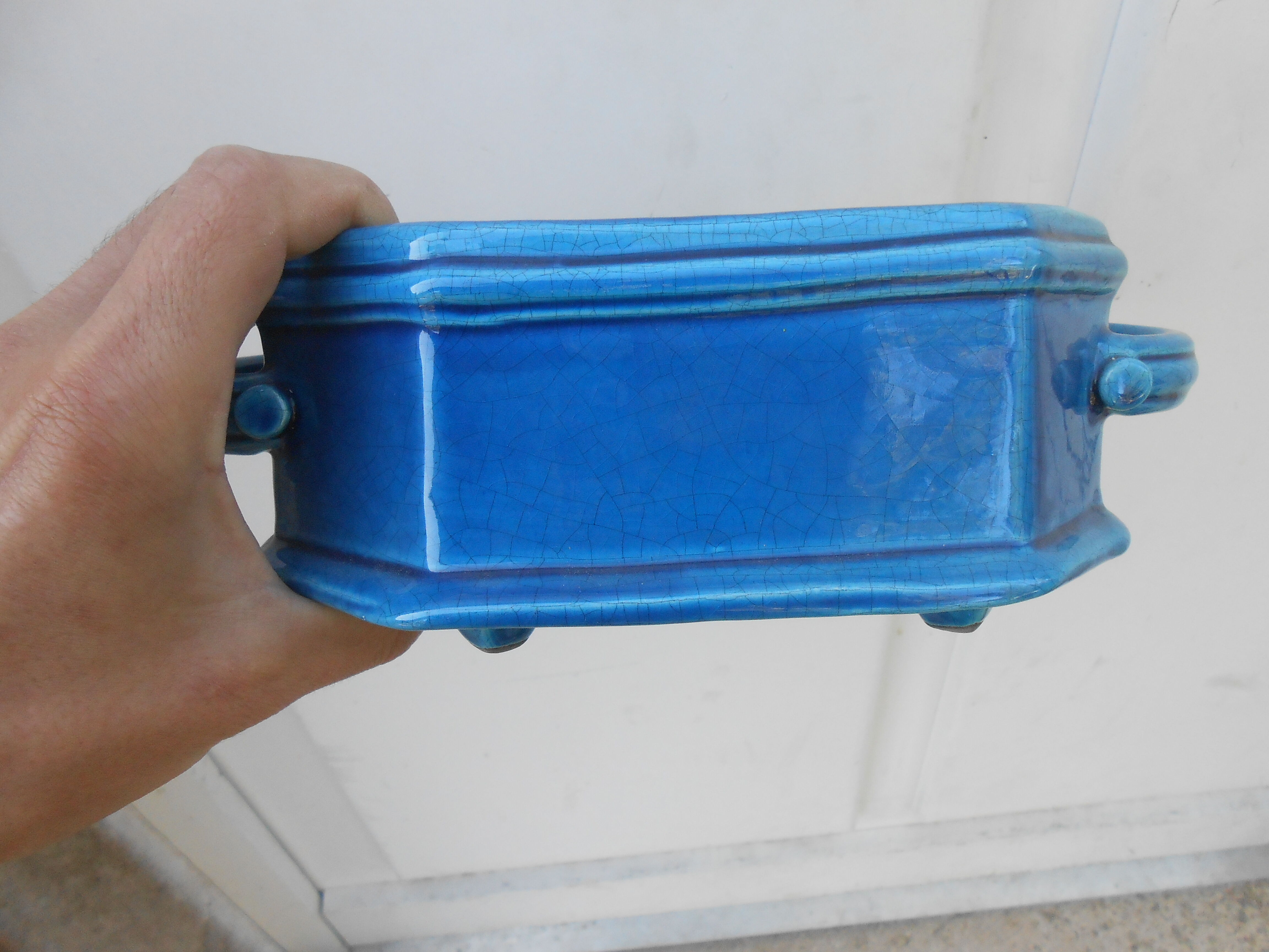 Blue cracked ceramic planter