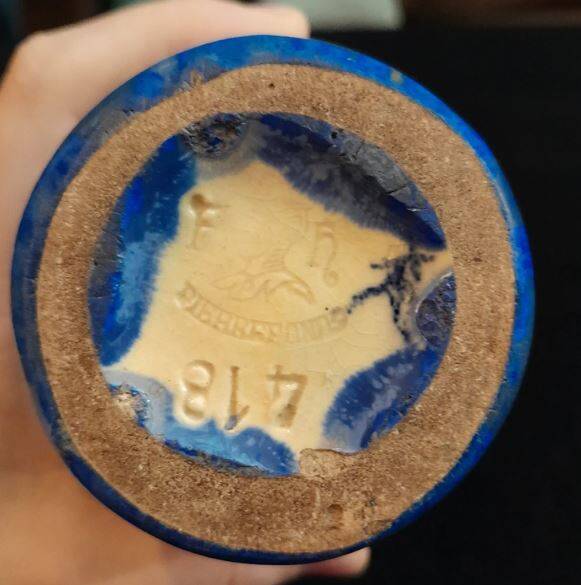 Blue and ocher Pierrefonds enameled vase with delicate crystallization glazes. Art Deco.