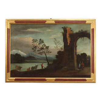 Italian painting landscape with ruins from 18th century