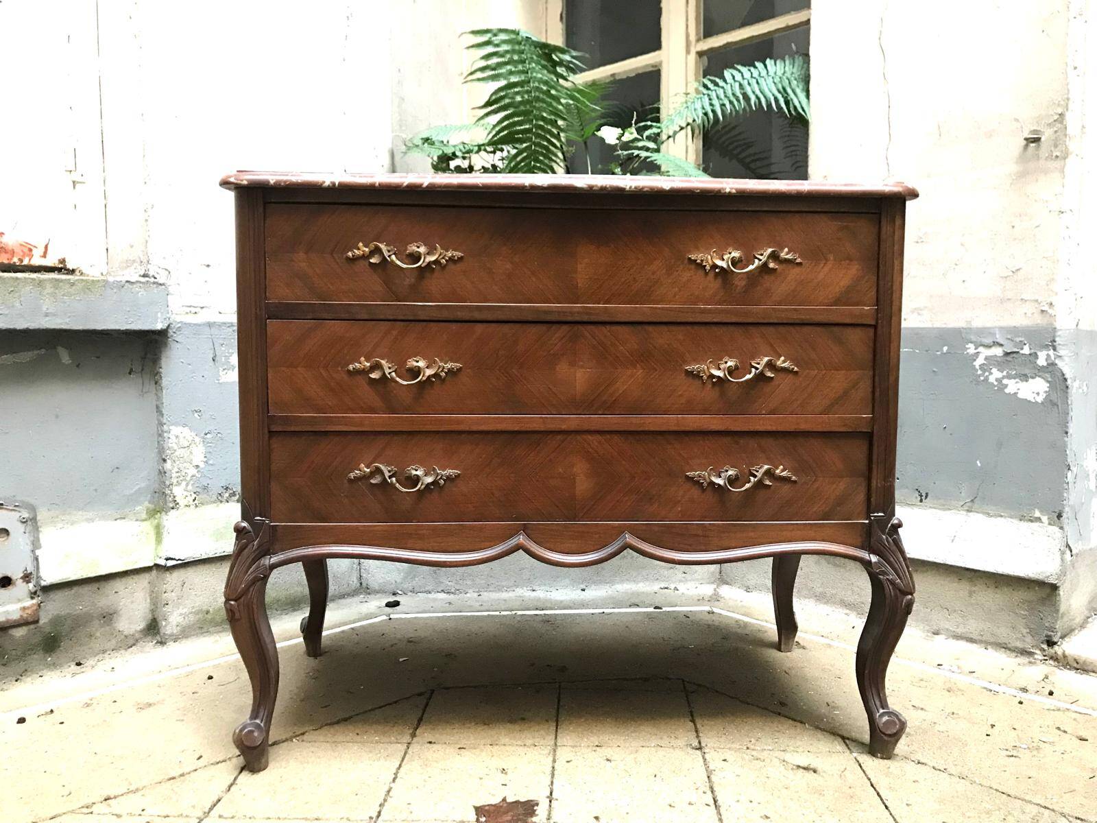 Louis XV style chest of drawers in wood and marble