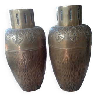 Pair of hammered brass vases