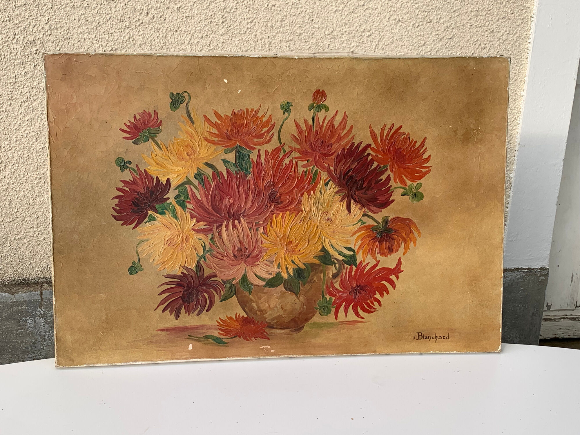 Painting the bouquet of vintage dahlias signed Blanchard