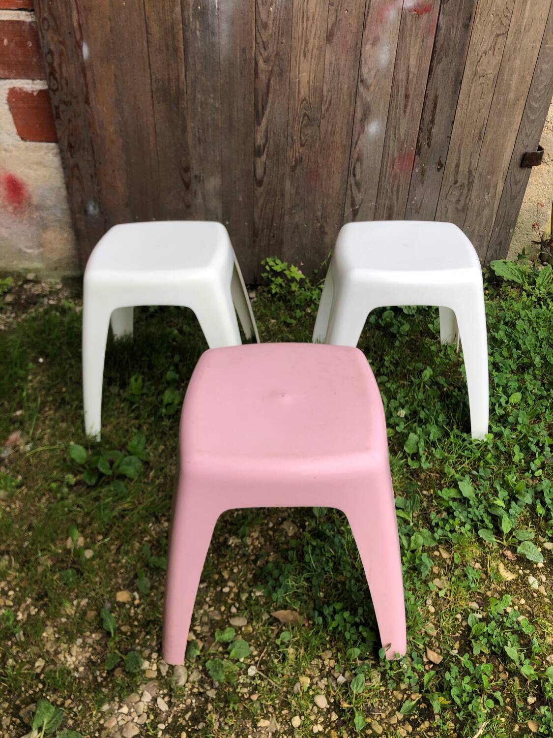 Series of 3 old vintage white & pink plastic stools
