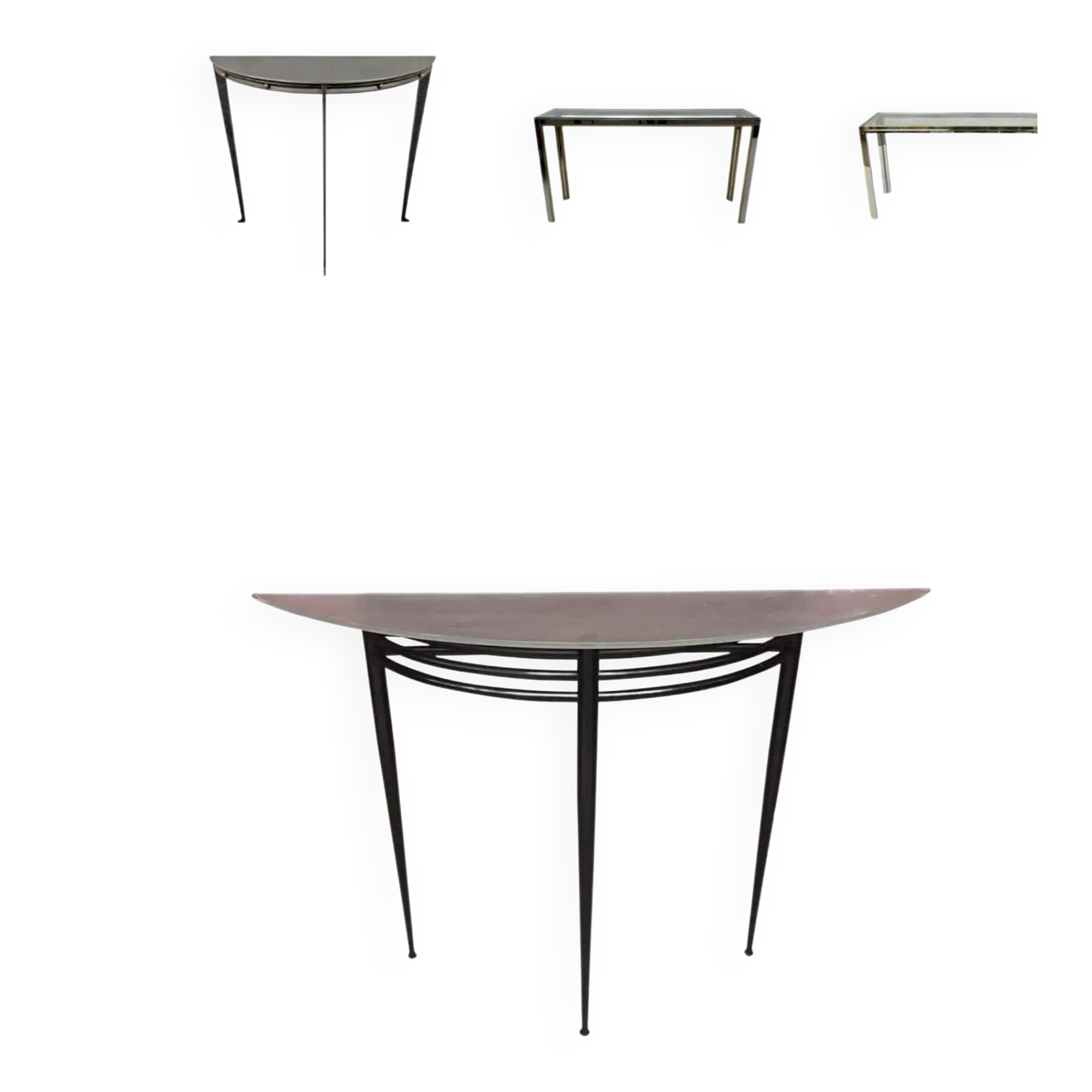 Console demie lune Pascal Mourgue plateau verre sablé pieds noirs