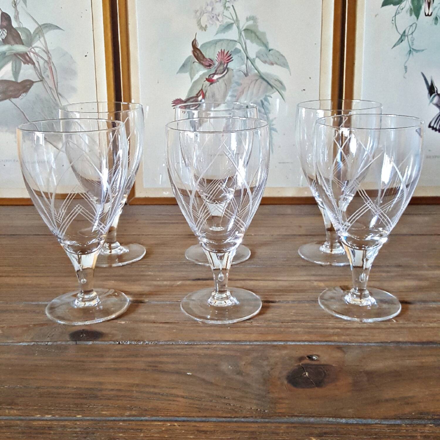 Vintage Etched Crystal Wine Glasses