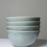 4 vintage Chinese rice bowls in celadon porcelain from the 70s-80s with reliefs of koi carp.