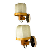 Pair of articulated "Cocoon" wall lights, resin and pine, Italy, 1970s
