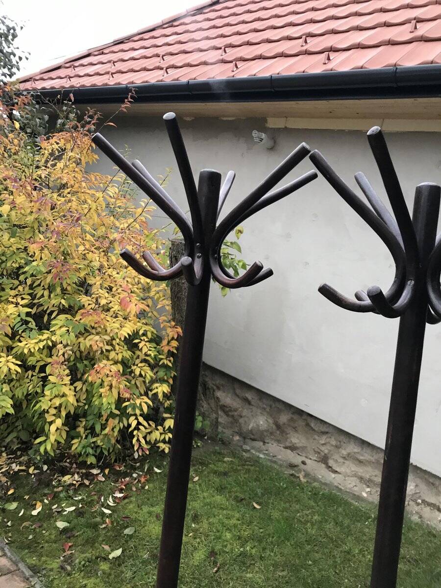 Paire de portants Thonet hongrois en bois marron, 1930s — élancés avec porte-parapluie