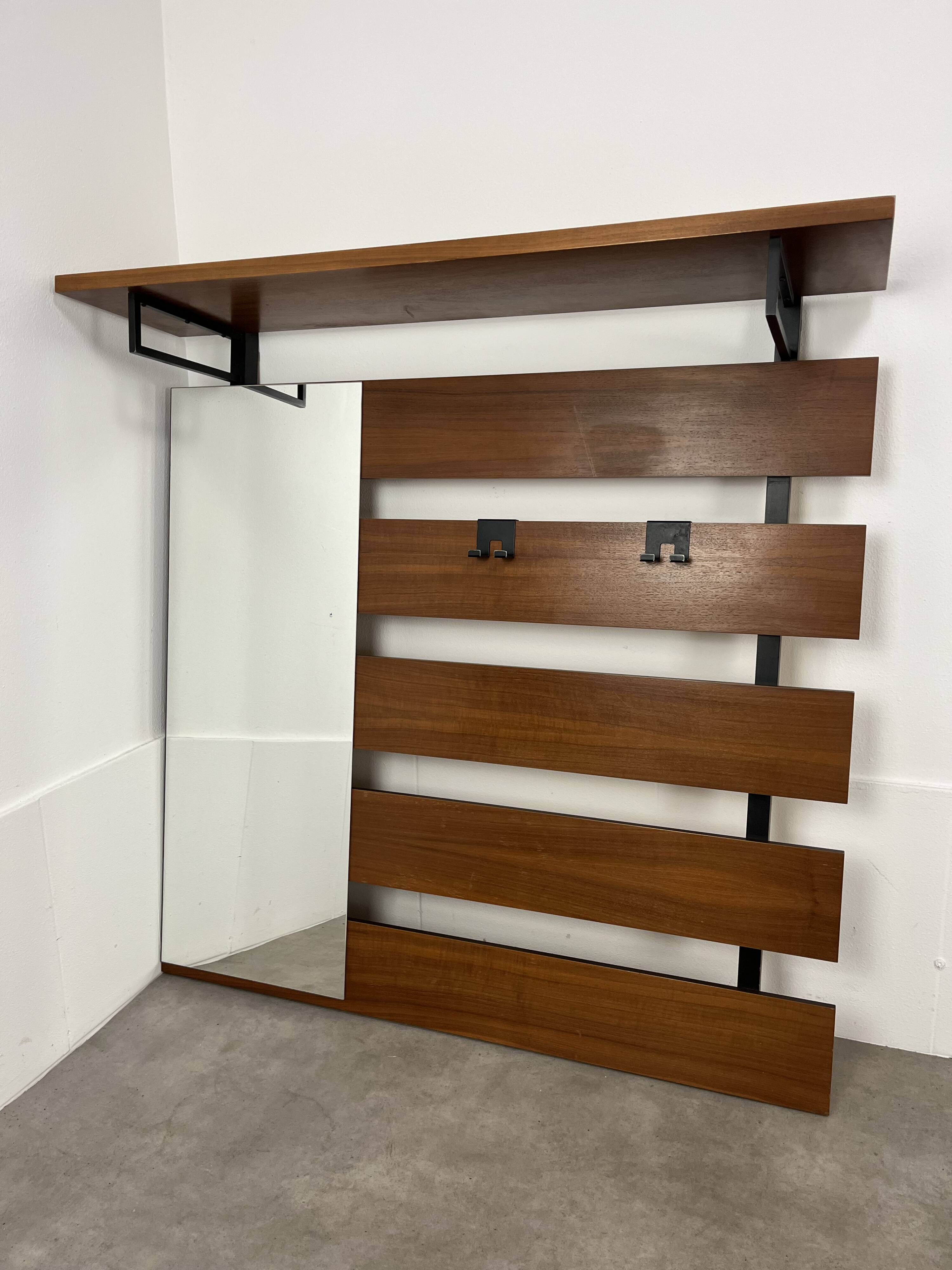 Teak wall coat rack and mirror, 60s, cloakroom