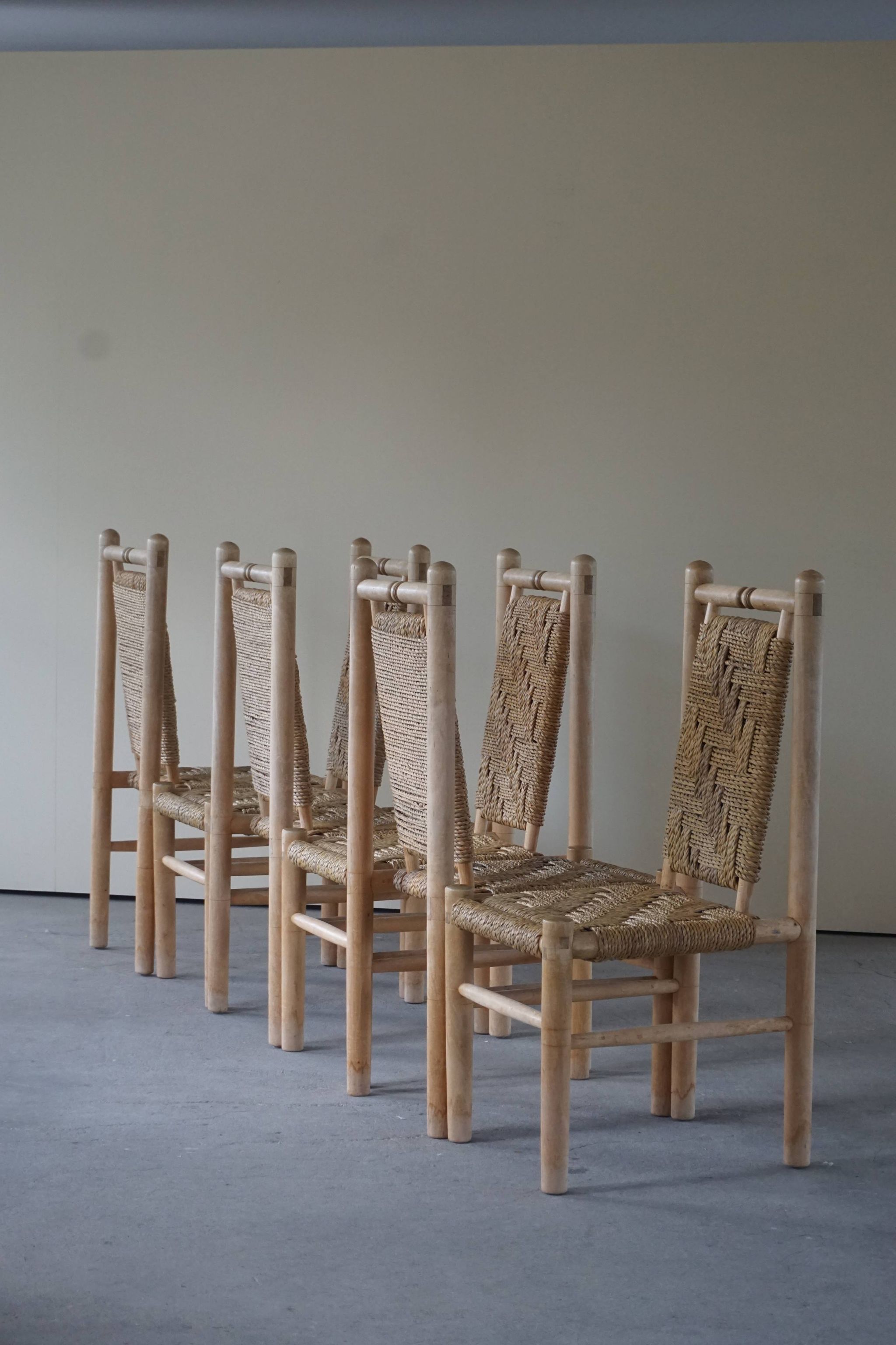 Set of 6 French Mid Century Naturalist Woven Highback Chairs in Solid Elm, 1960s