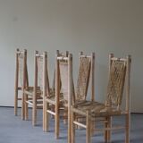 Set of 6 French Mid Century Naturalist Woven Highback Chairs in Solid Elm, 1960s