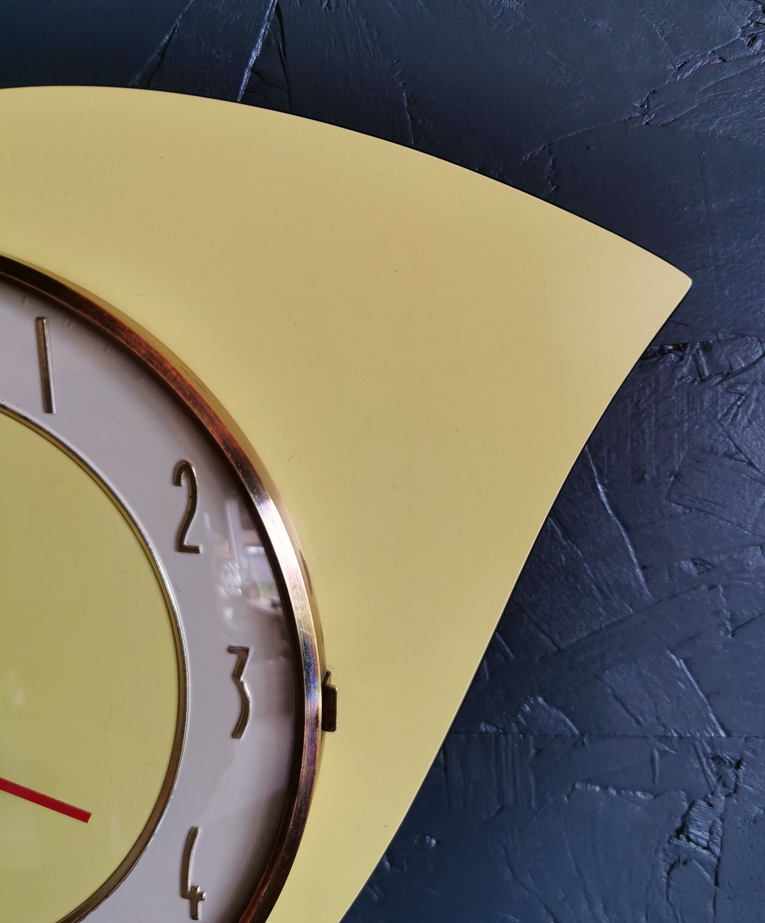 Vintage formica clock asymmetrical silent wall clock "Bayard yellow"