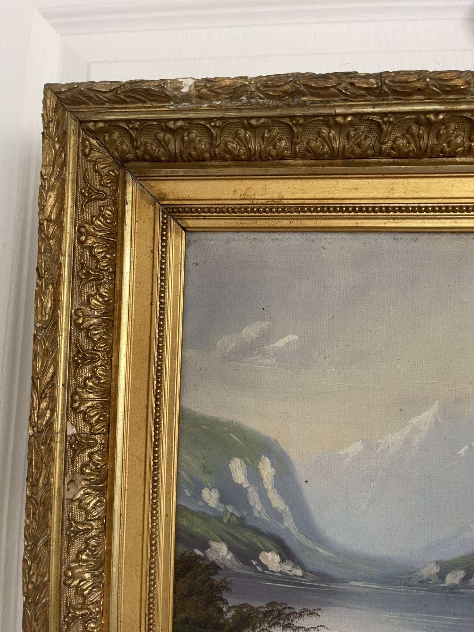 Old Oil Painting Canvas Swiss School Mountain Lake Shepherd Signed