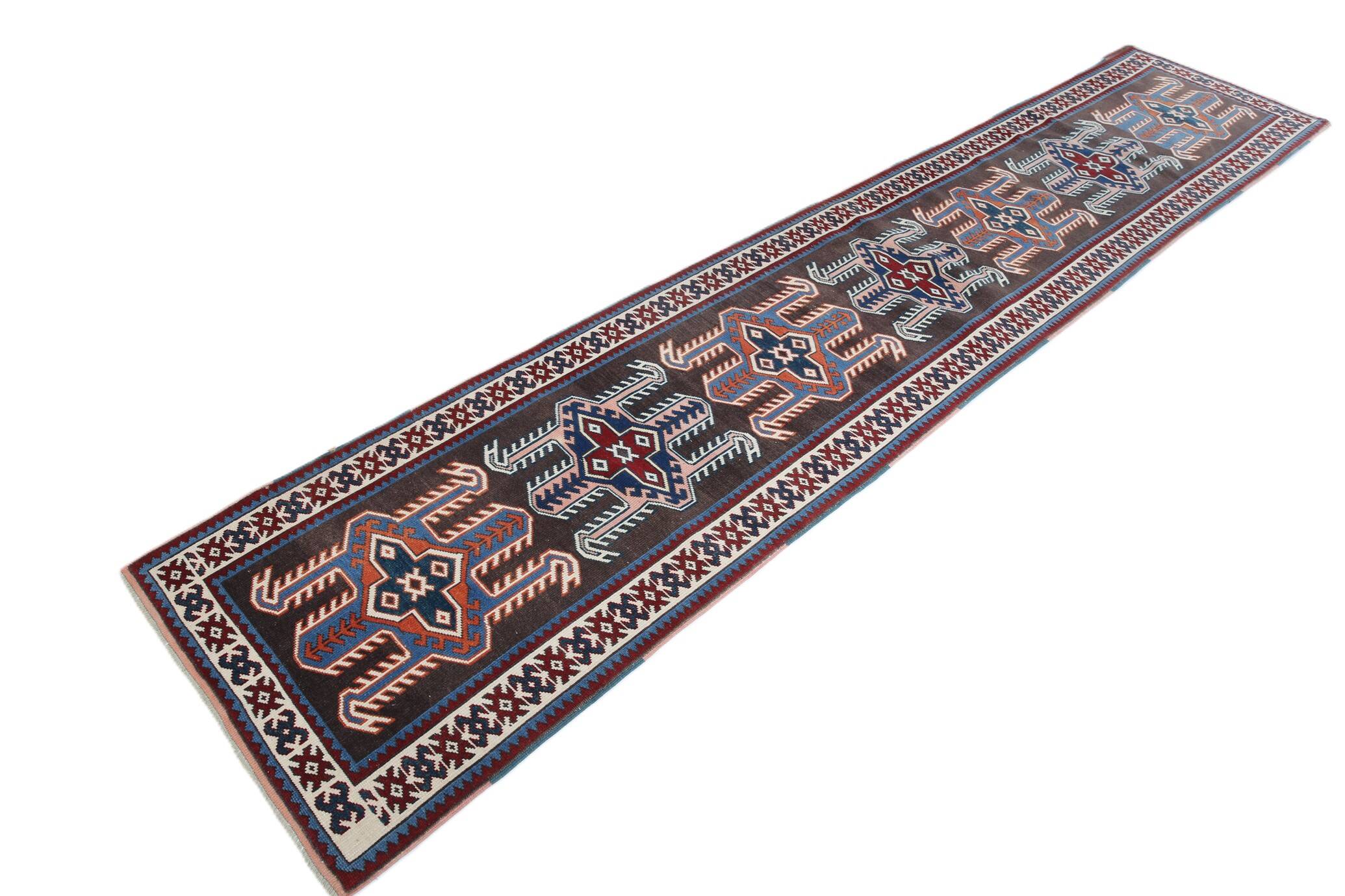 Pink & Blue Long Turkish Vintage Runner Rug, 80x398Cm