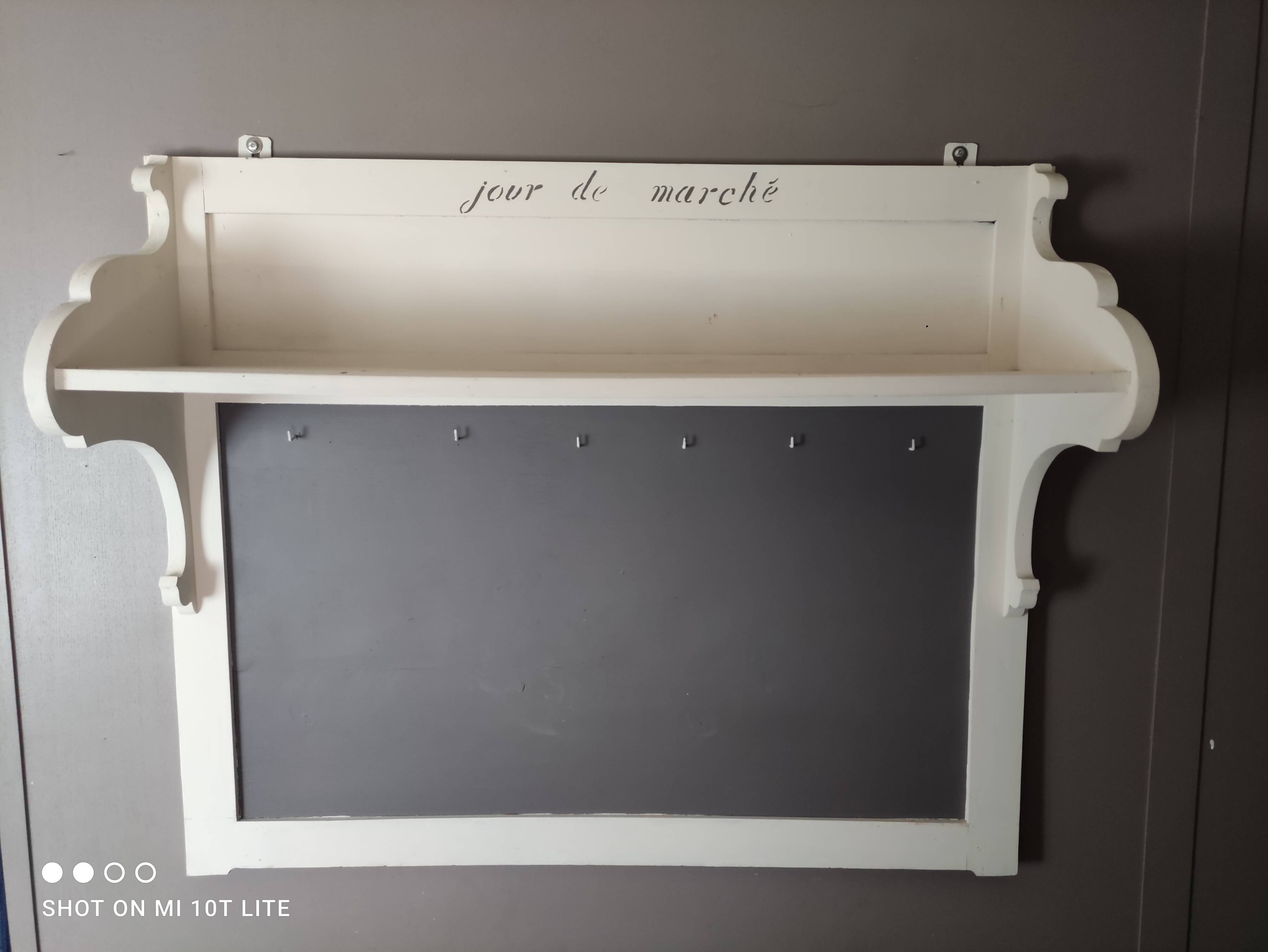 Old white and taupe “Market Day” oak shelf