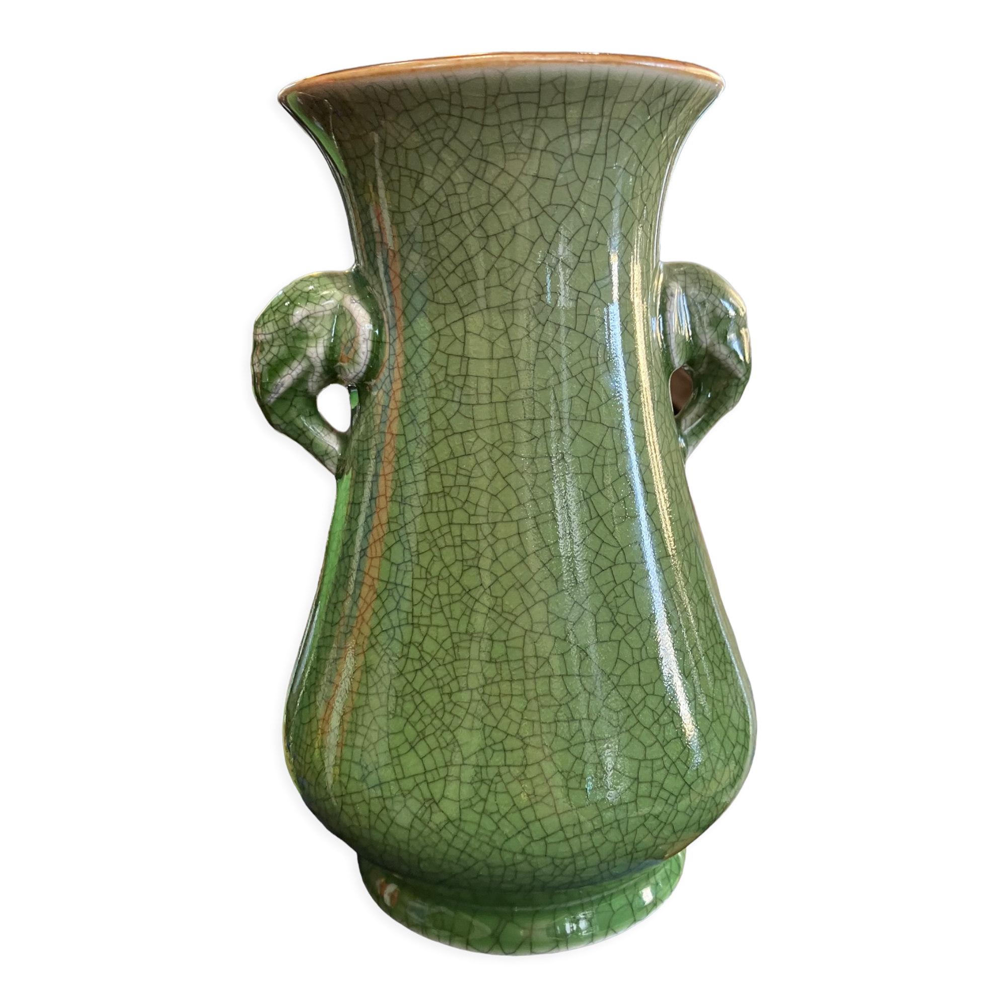 Green cracked ceramic vase Elephant Handles China XXth