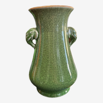Green cracked ceramic vase Elephant Handles China XXth