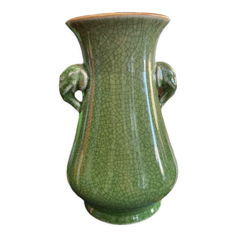 Vase en céramique craquelée verte anses éléphant Chine XXeme