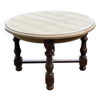 Extendable round farmhouse dining table refurbished in raw oak 170cm