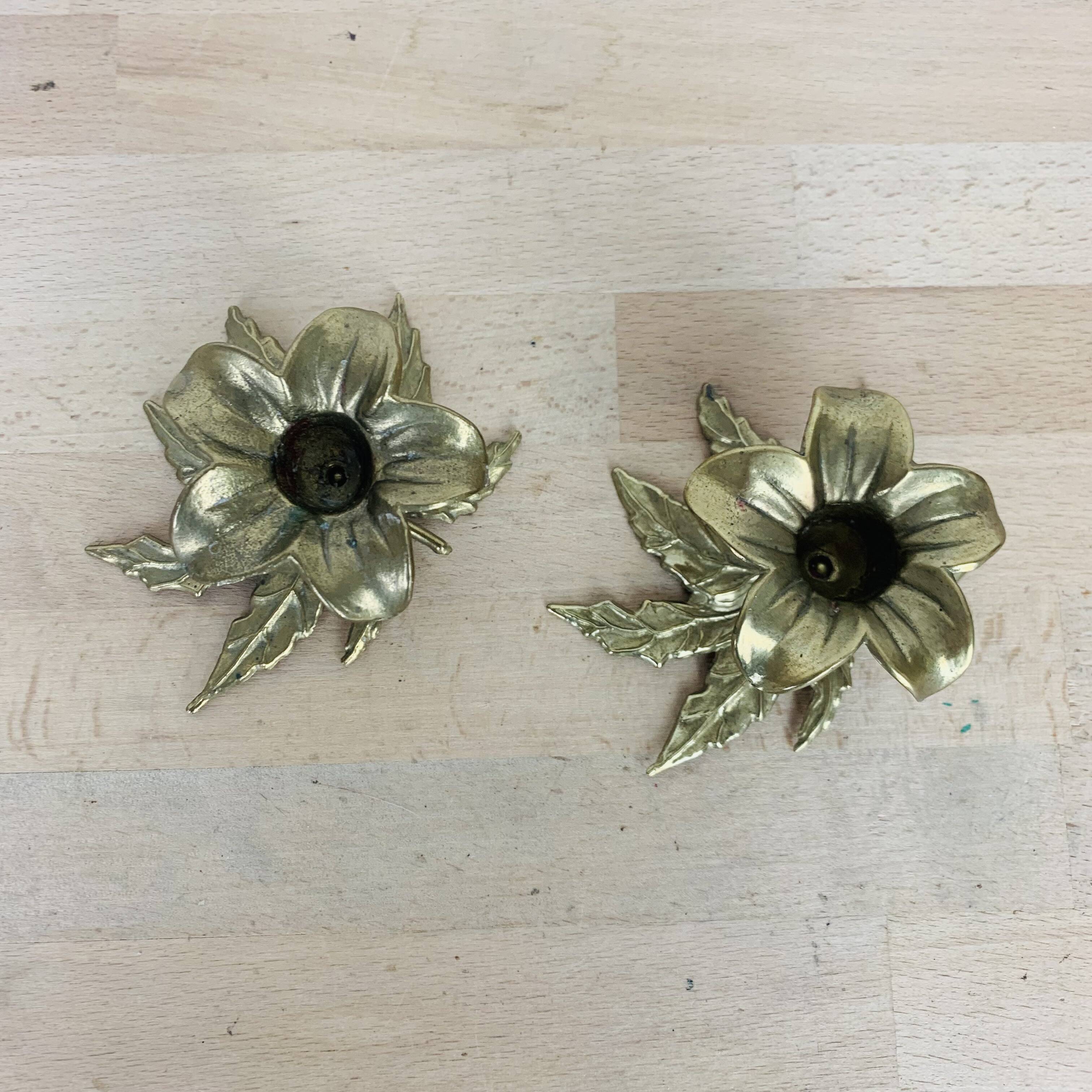 Pair of gilded brass flower candlesticks