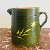 Antique Savoyard pottery pitcher in green with floral decoration