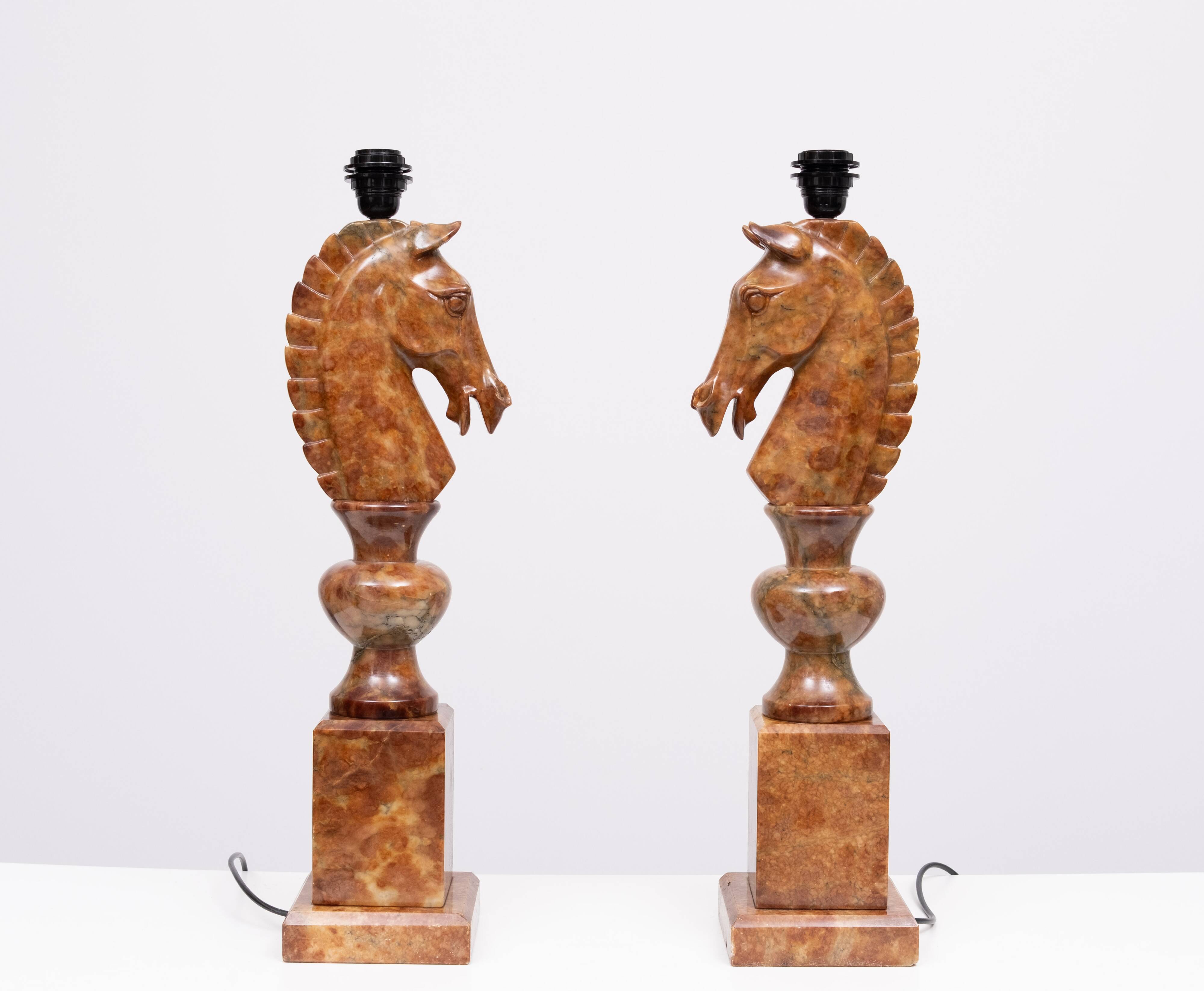 Large Horse Head Chess Knights Lamp in Carved Alabaster, taly, 1960s, Set of 2