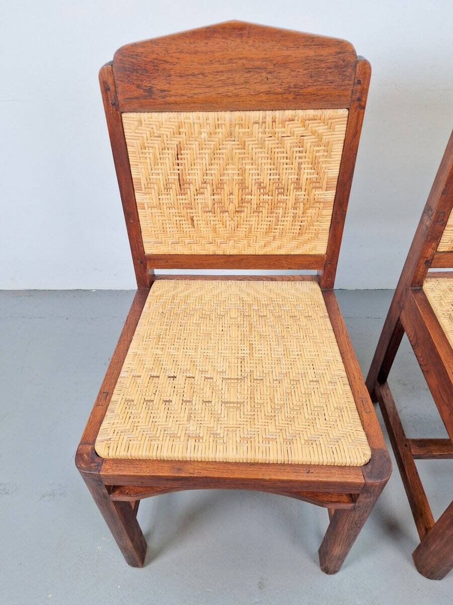Dutch Art Deco Haagse School Oak and Rattan Webbing Chairs, 1930s, Set of 2