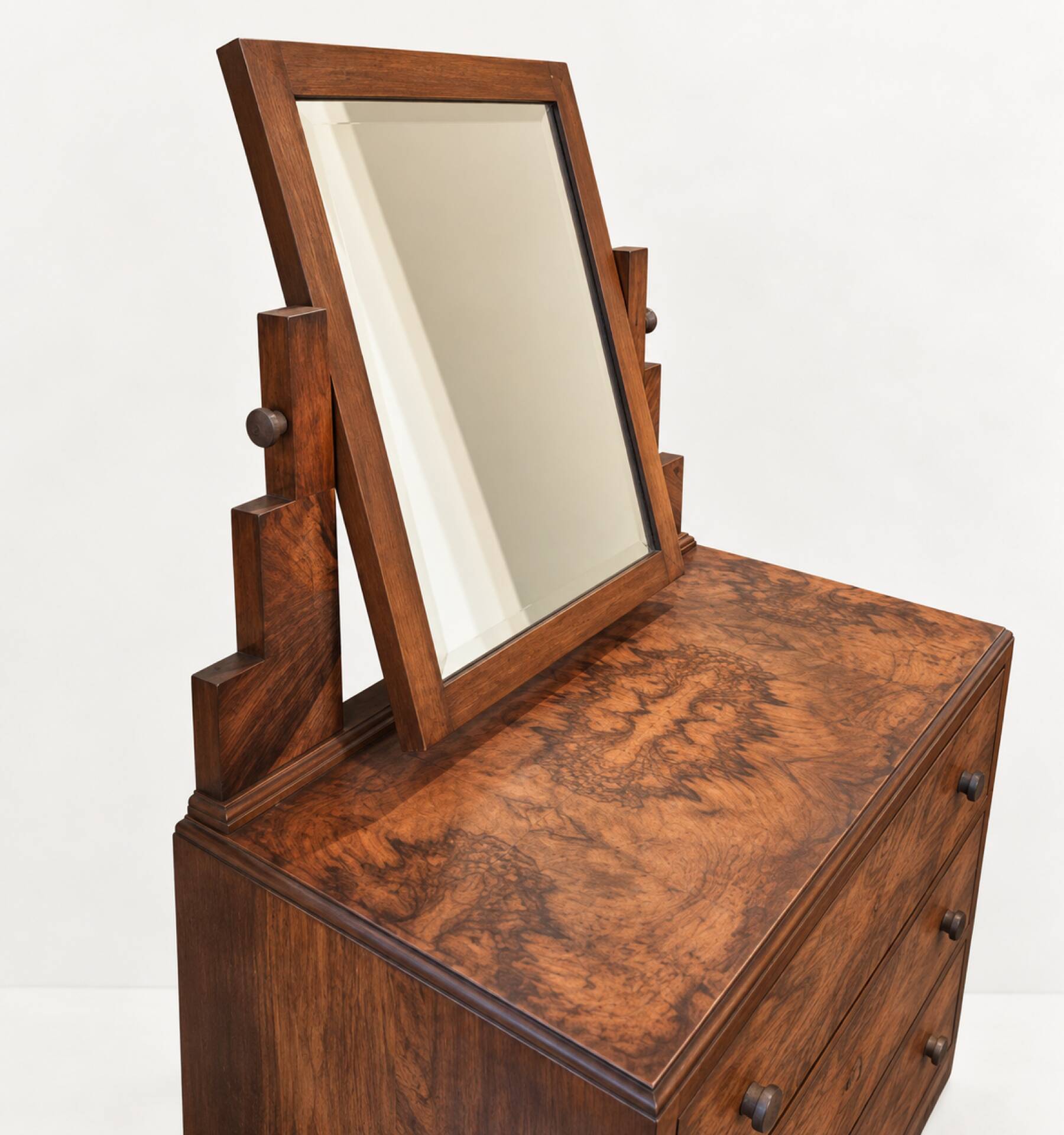 Commode-coiffeuse Art Déco en ronce de noyer et miroir psyché basculant
