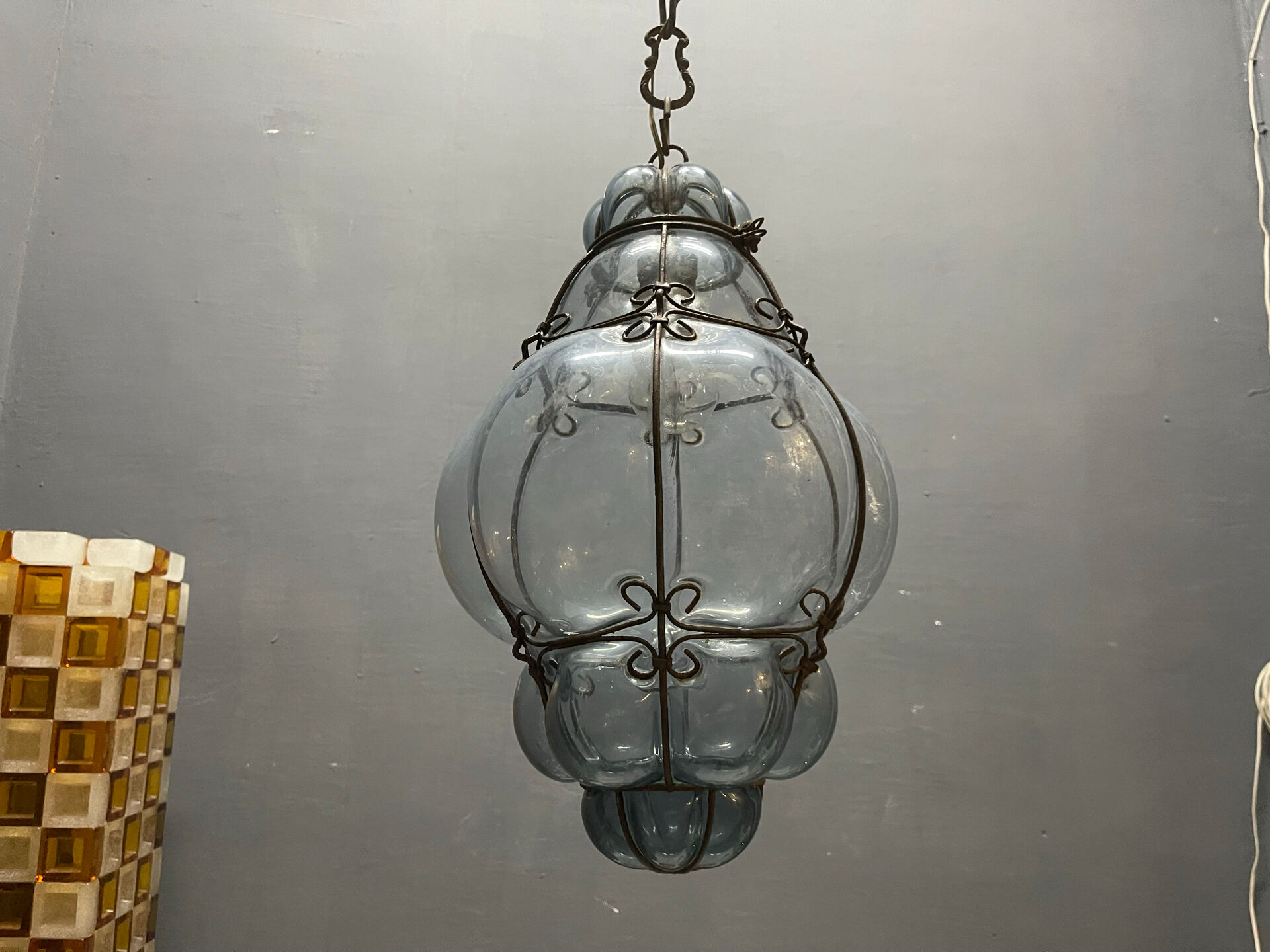 Wrought Iron Tinted Blue Murano Glass Light Pendant 1960’s
