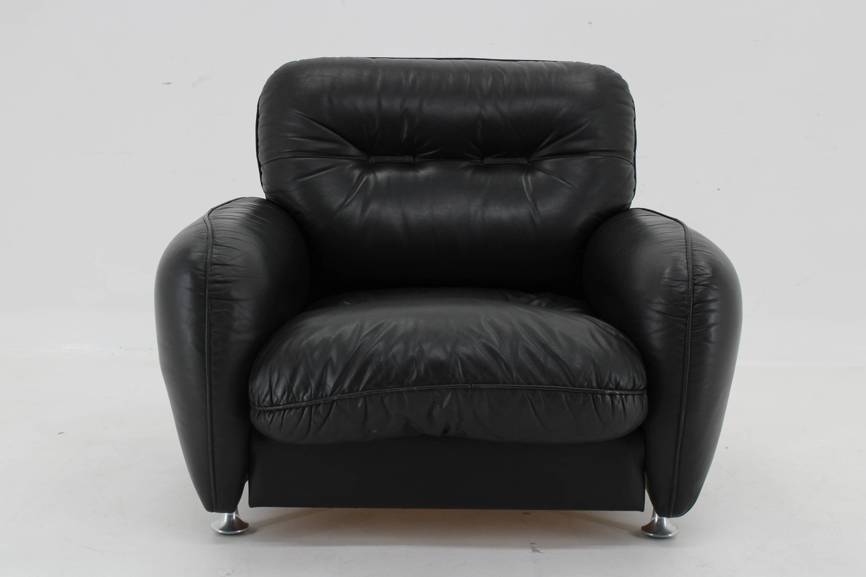 1970s Italian Armchair in Black Leather