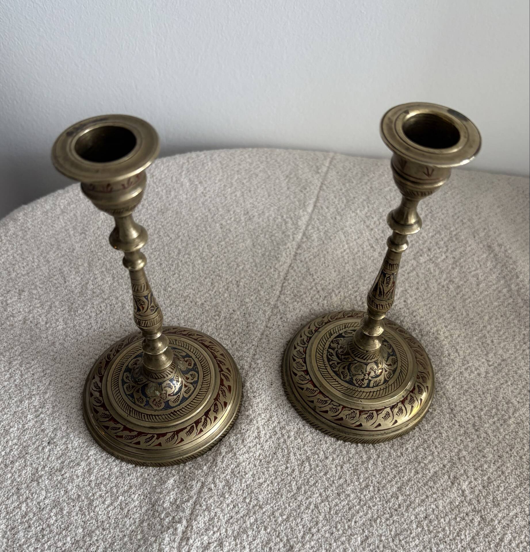Pair of Vintage Etched Brass & Enamel Candlesticks - India,Mid-Century