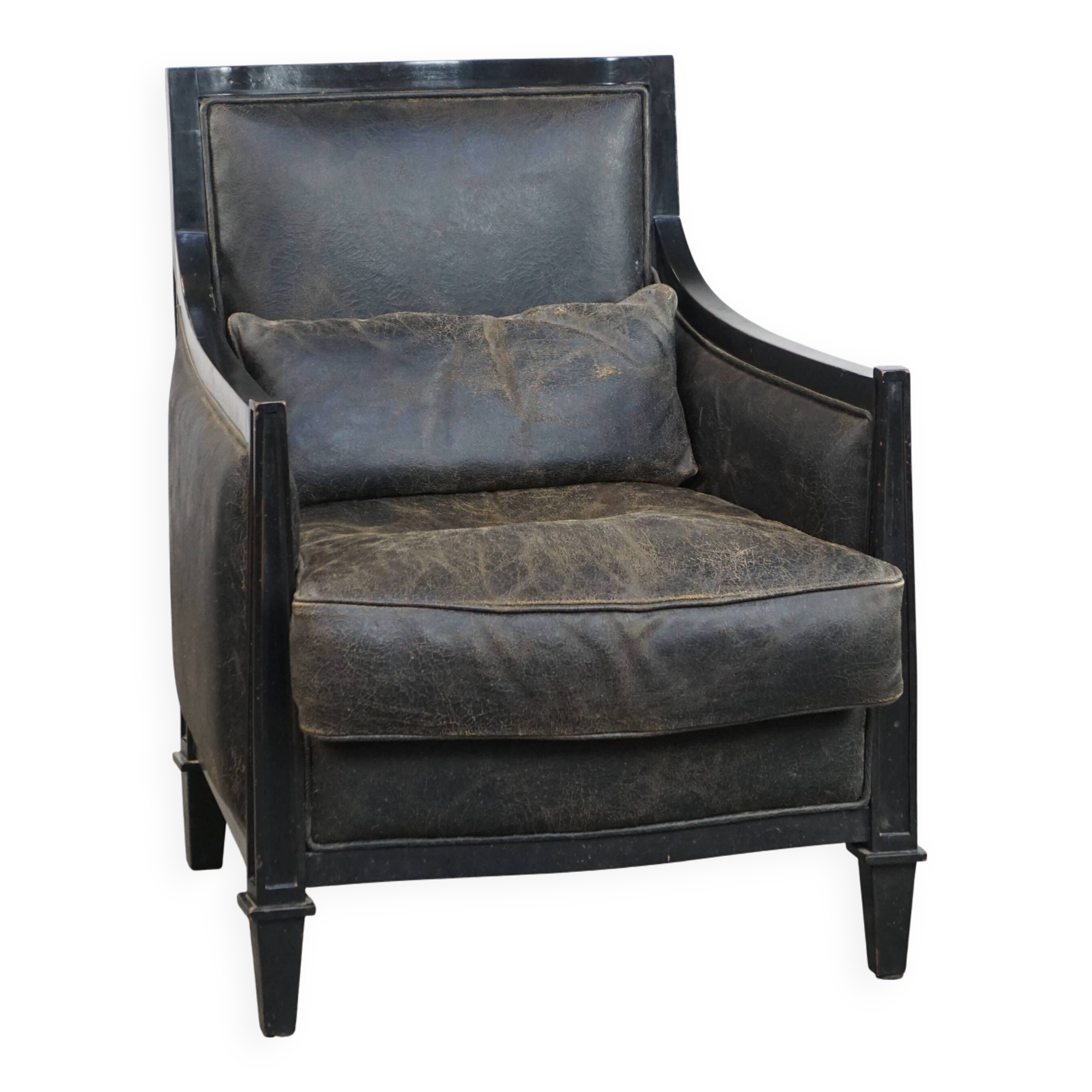 Armchair in black cowhide leather and wood with an Art Deco design