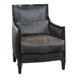 Black cowhide leather and wooden armchair with an Art Deco design